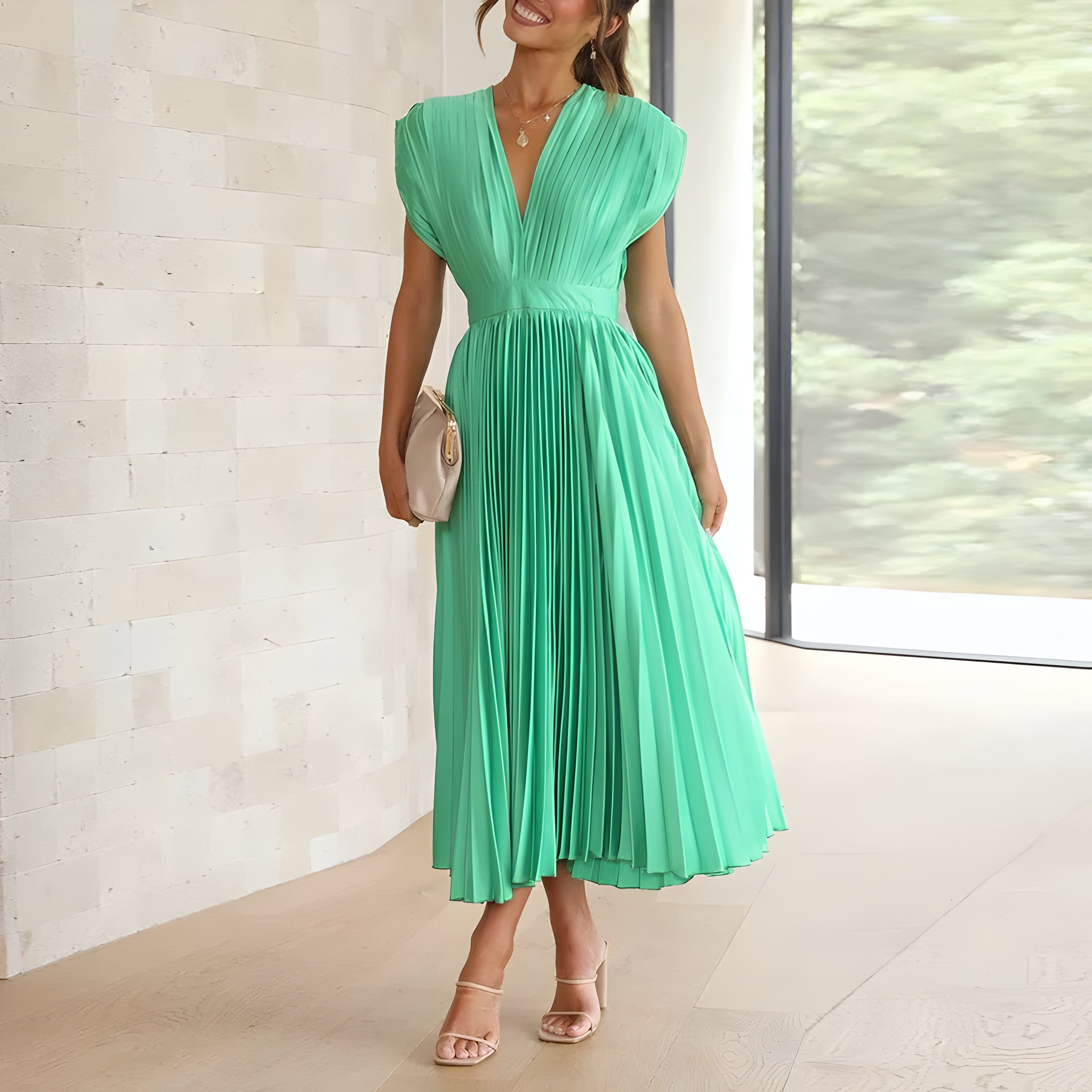 Eva & Blake™ | Midi Pleated Dress with Deep V-Neck