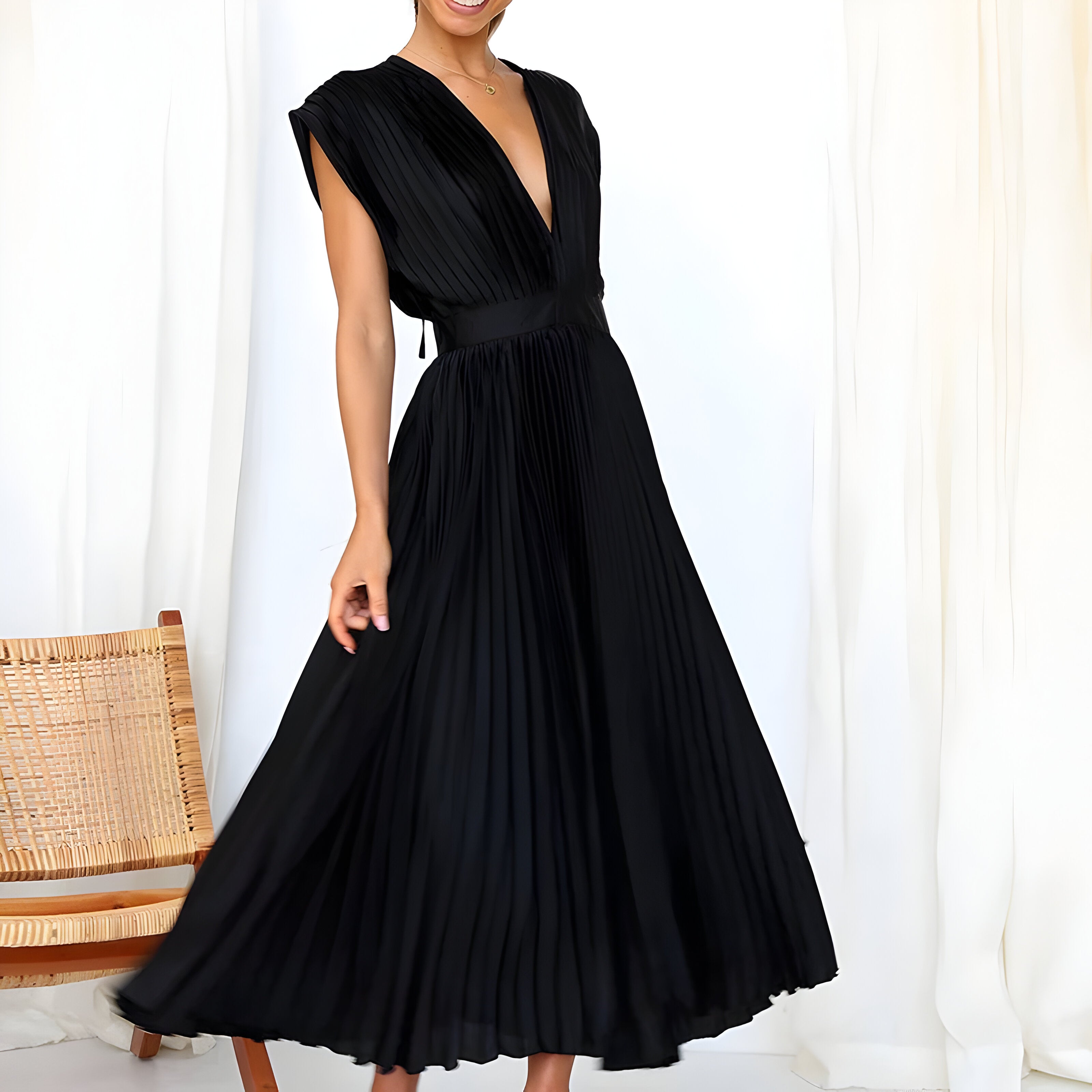 Eva & Blake™ | Midi Pleated Dress with Deep V-Neck