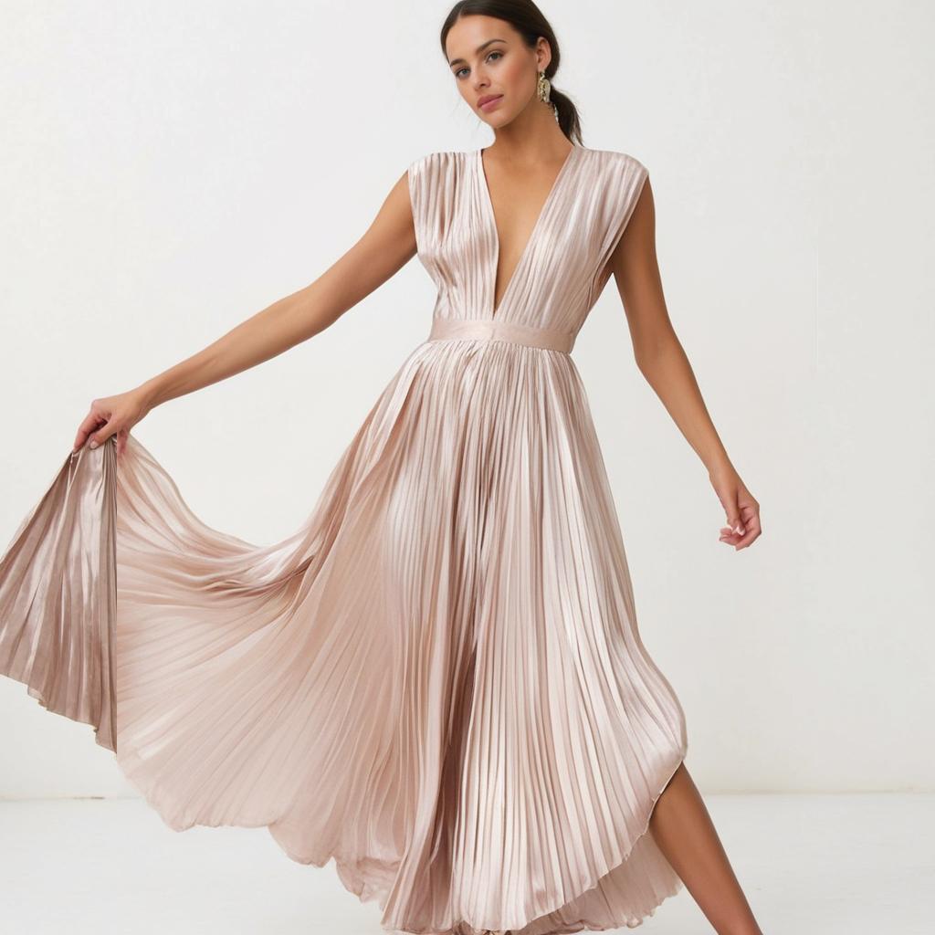 Eva & Blake™ | Midi Pleated Dress with Deep V-Neck