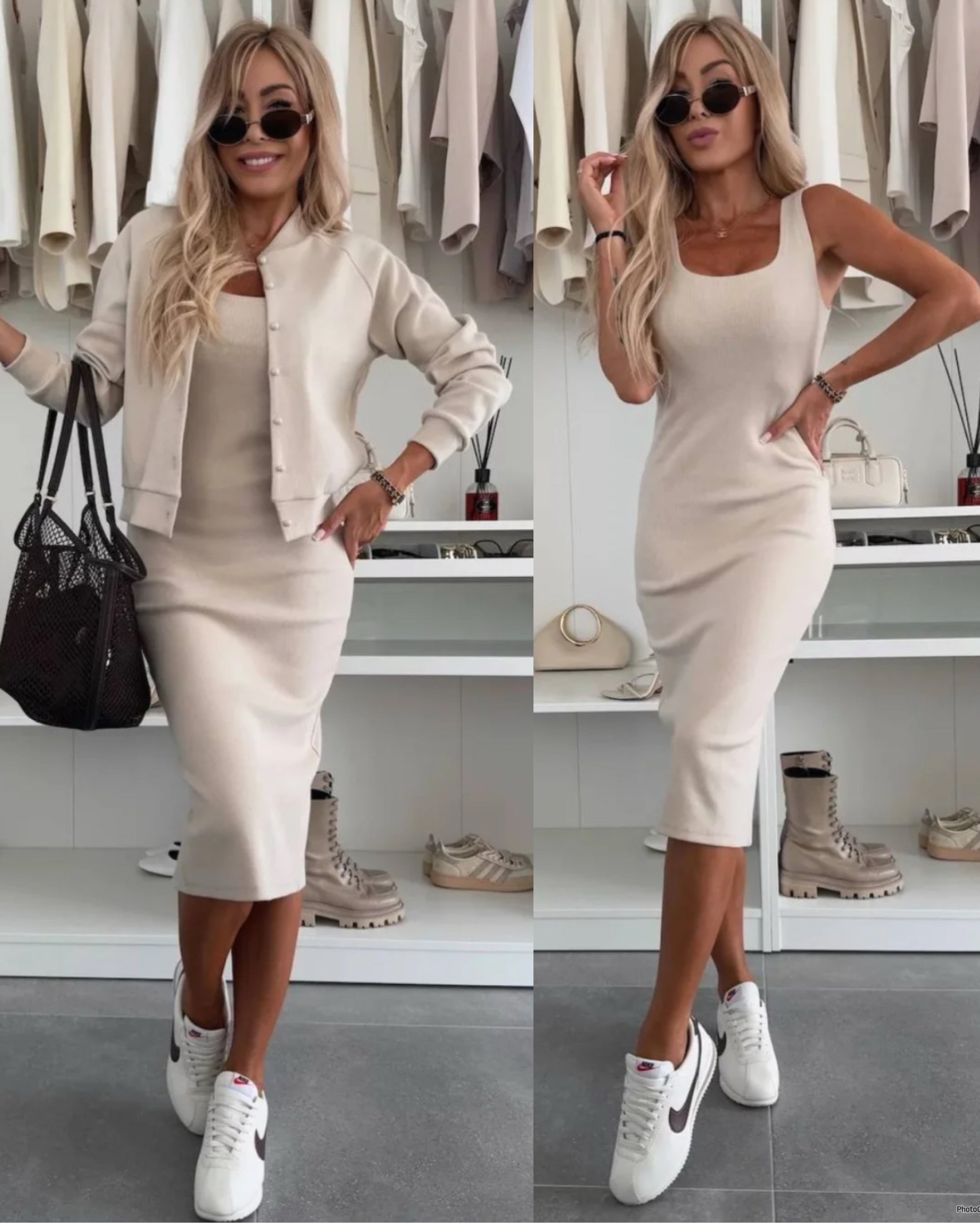 Eva & Blake™ | Midi dress in ribbed knit & bomber jacket set