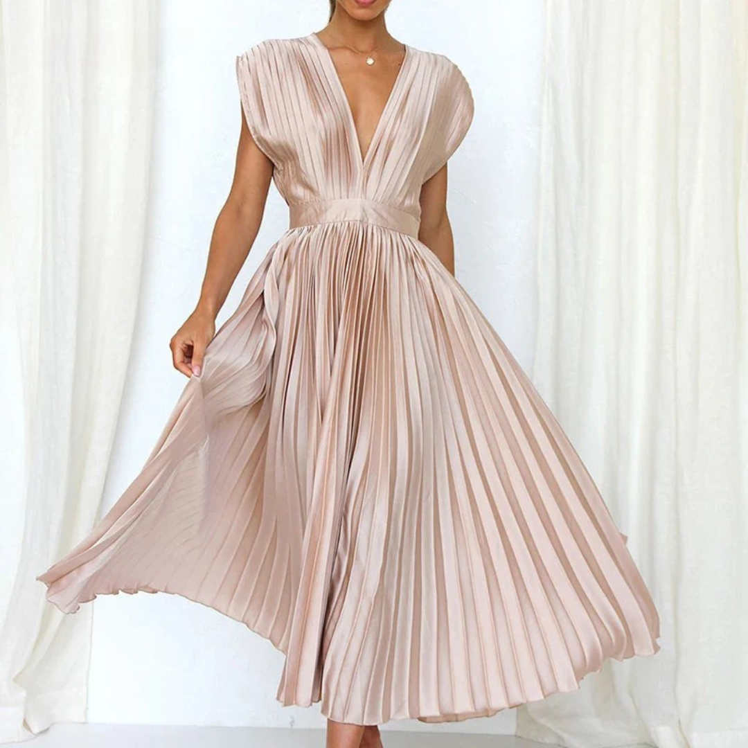Eva & Blake™ | Midi Pleated Dress with Deep V-Neck