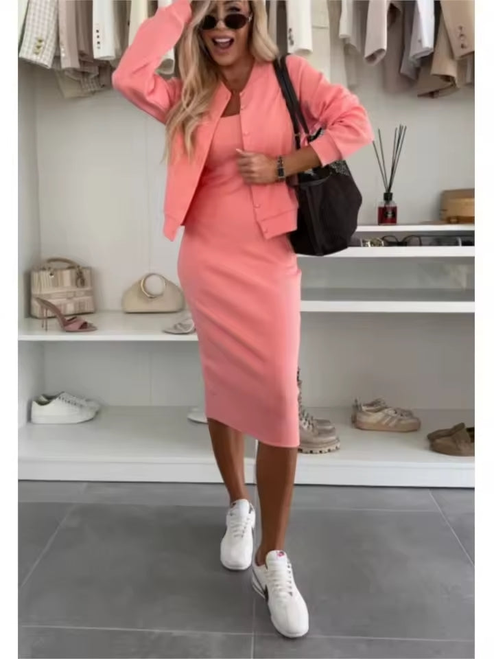 Eva & Blake™ | Midi dress in ribbed knit & bomber jacket set