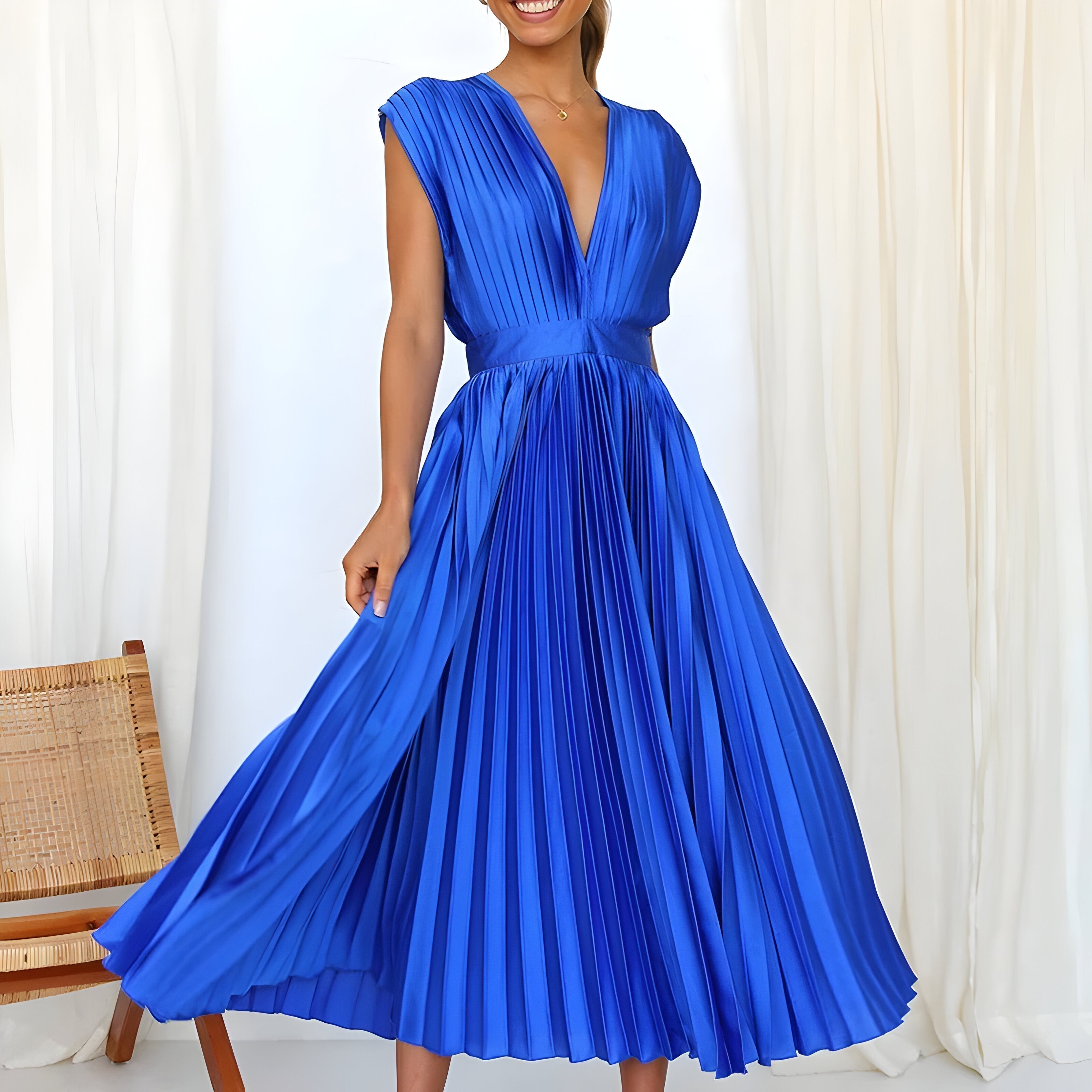 Eva & Blake™ | Midi Pleated Dress with Deep V-Neck