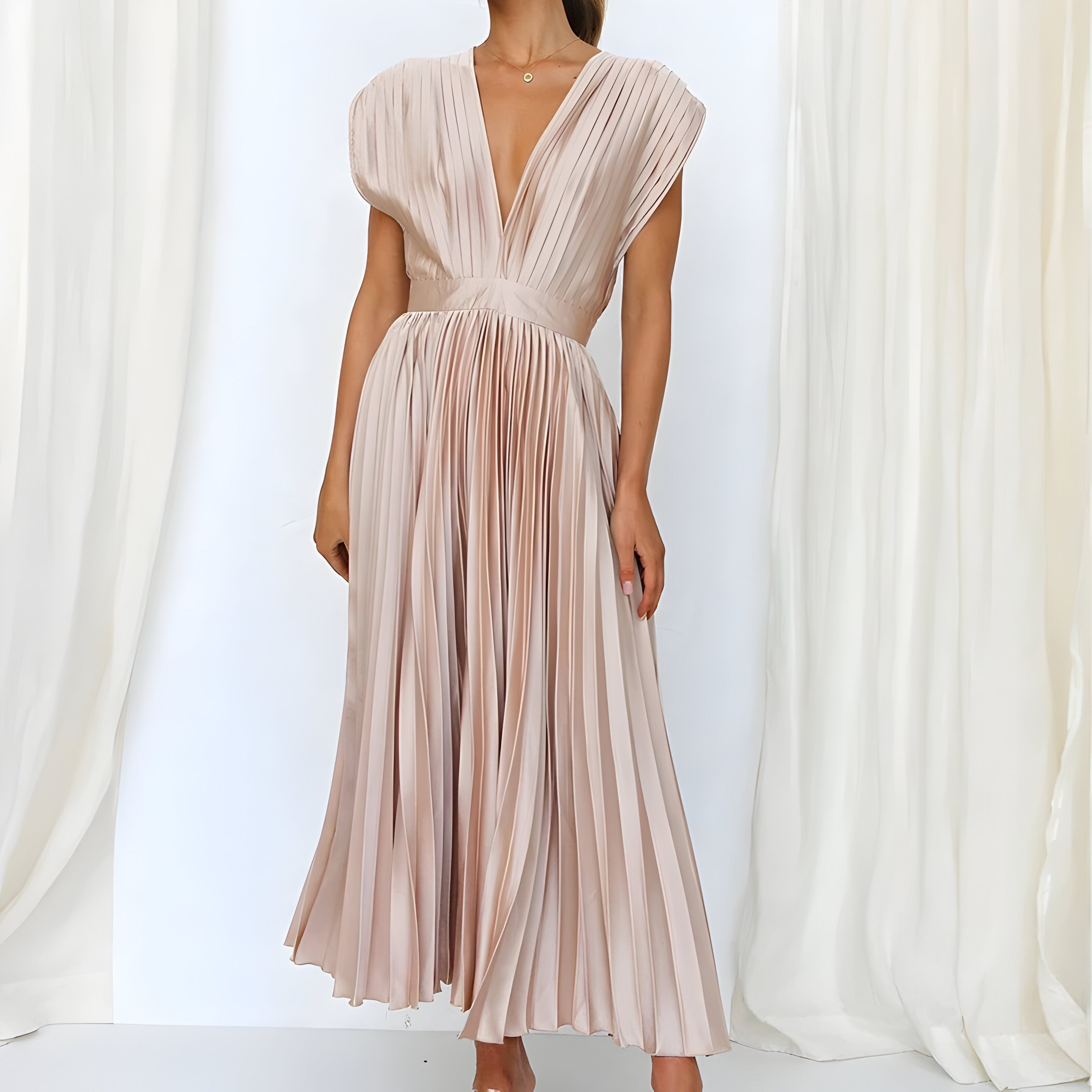 Eva & Blake™ | Midi Pleated Dress with Deep V-Neck