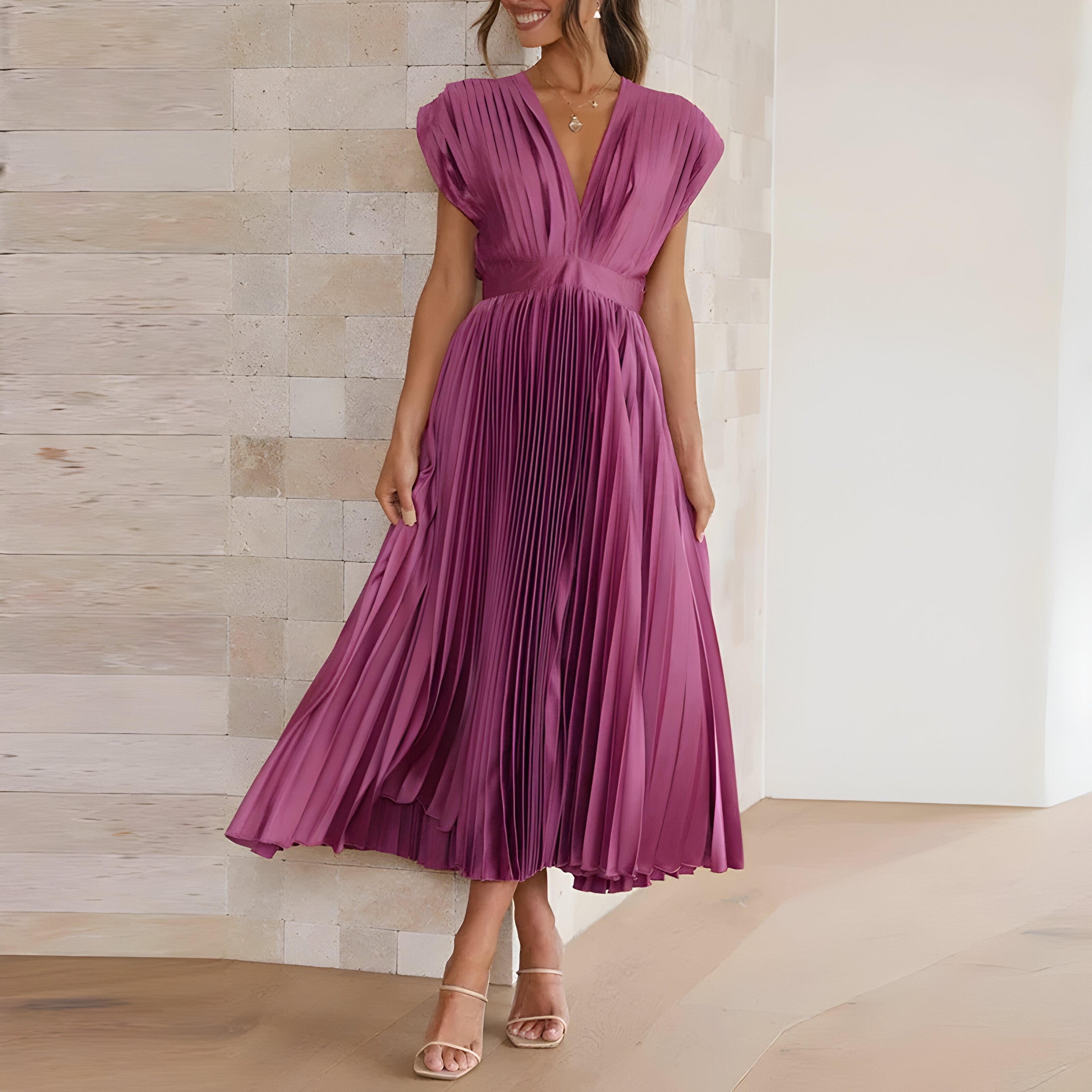 Eva & Blake™ | Midi Pleated Dress with Deep V-Neck