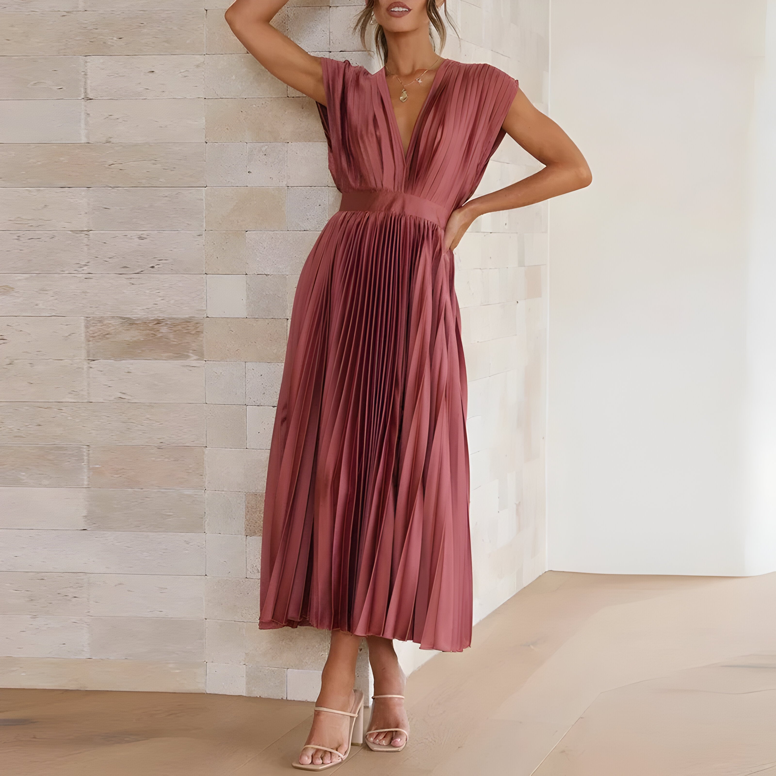 Eva & Blake™ | Midi Pleated Dress with Deep V-Neck