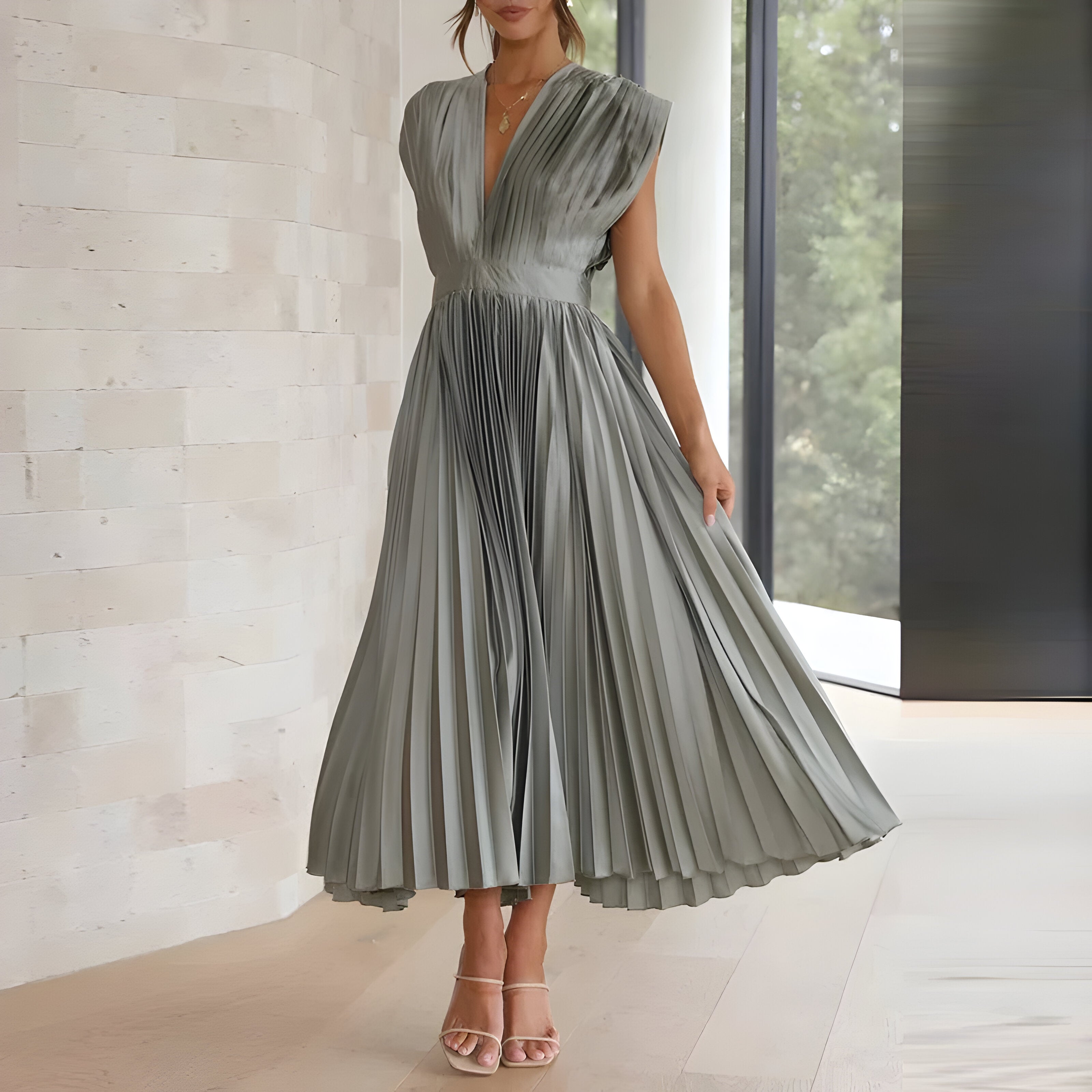 Eva & Blake™ | Midi Pleated Dress with Deep V-Neck